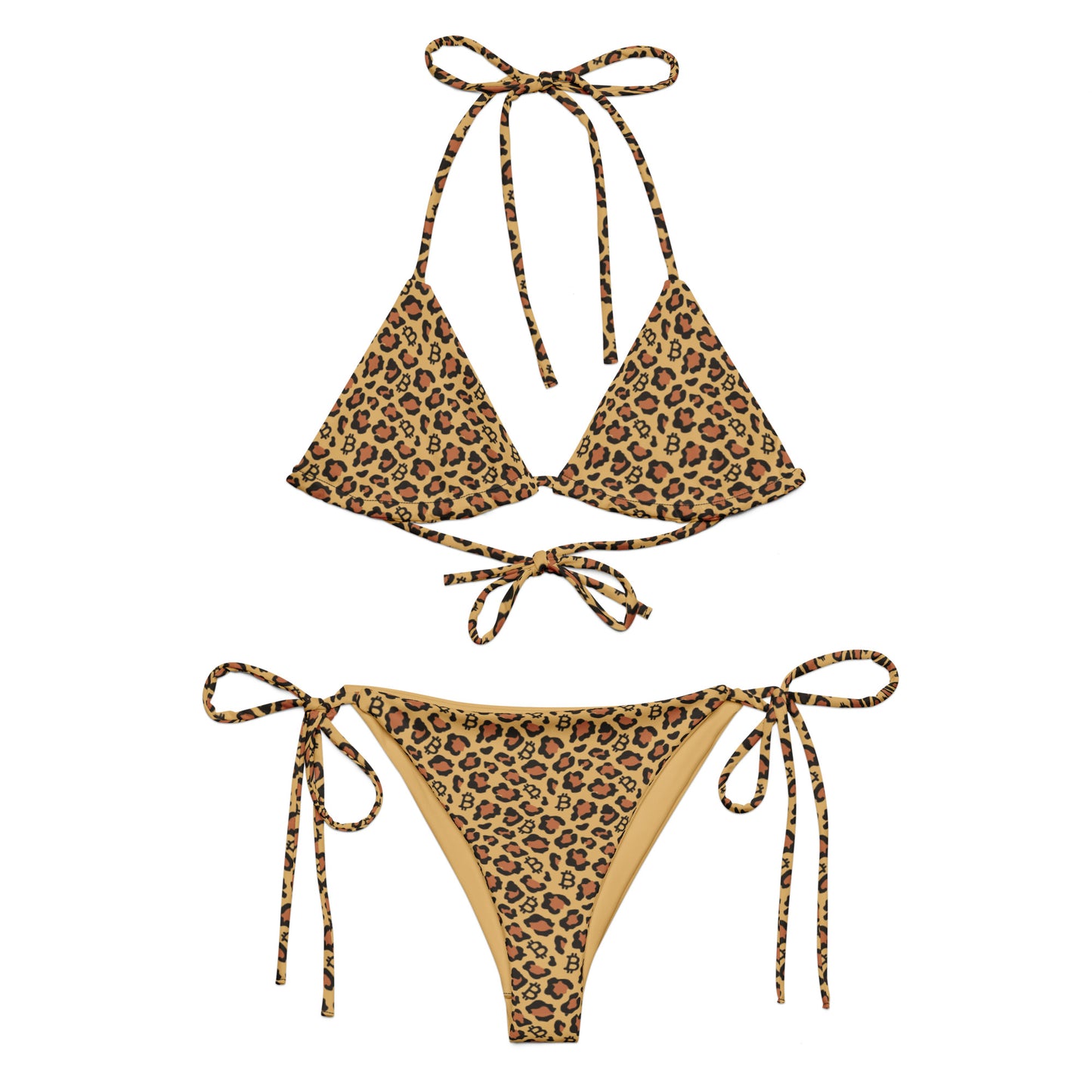 Leopard print bitcoin bikini set on a white background