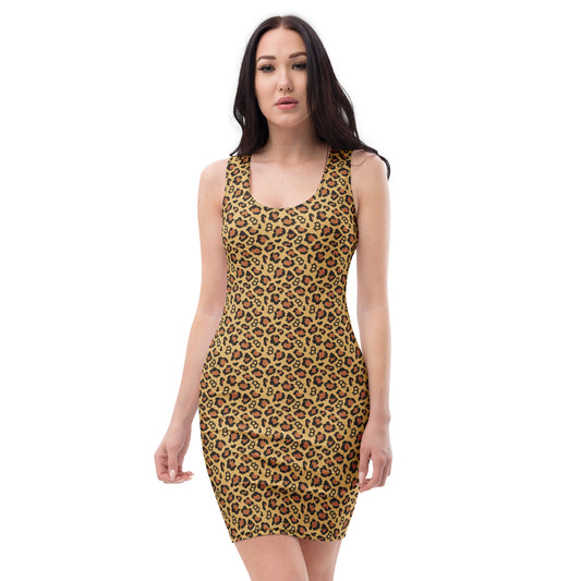 Woman wearing a leopard print bitcoin dress on a white background