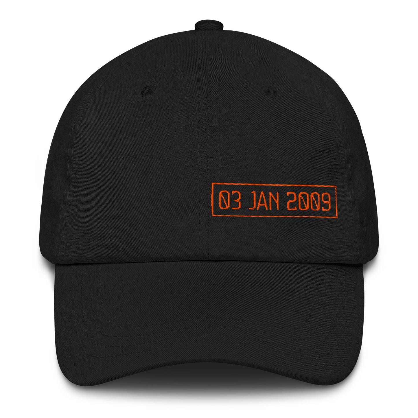 Black cap with orange text '03 JAN 2009' on a white background