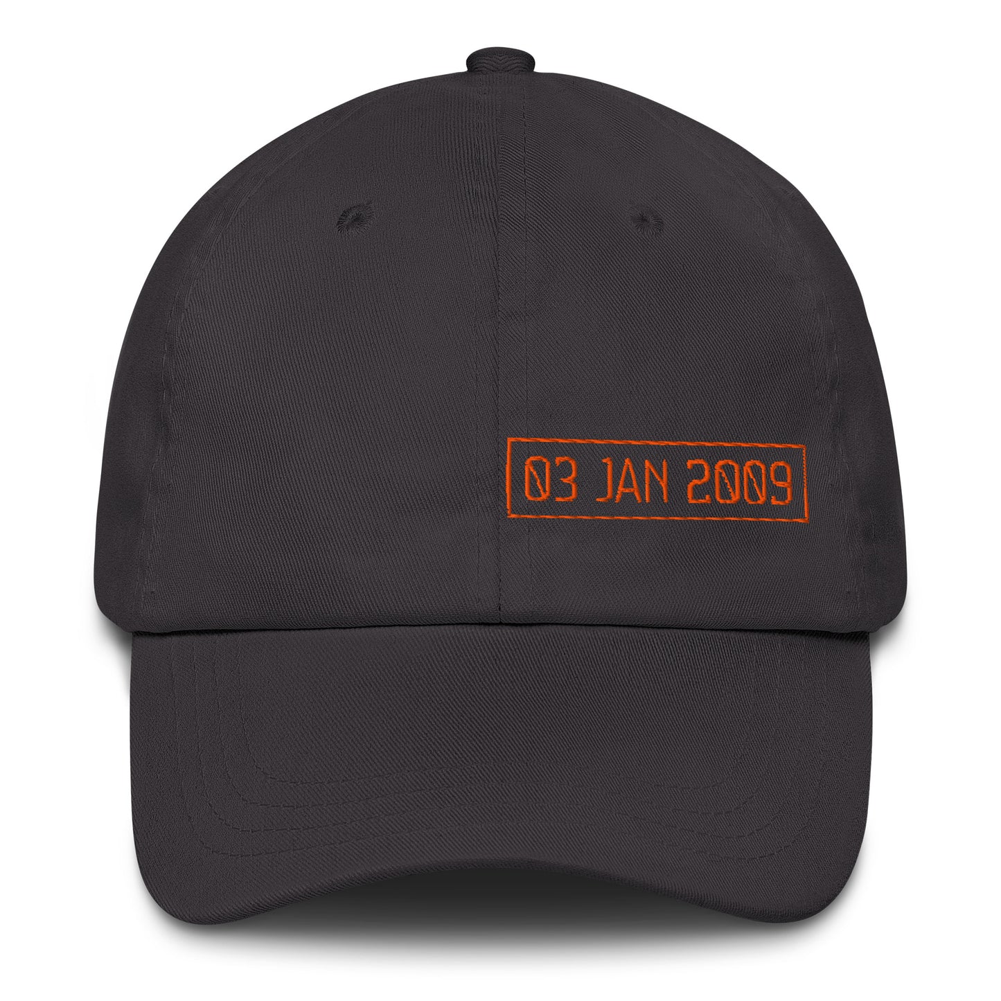Black cap with orange text '03 JAN 2009' on a white background