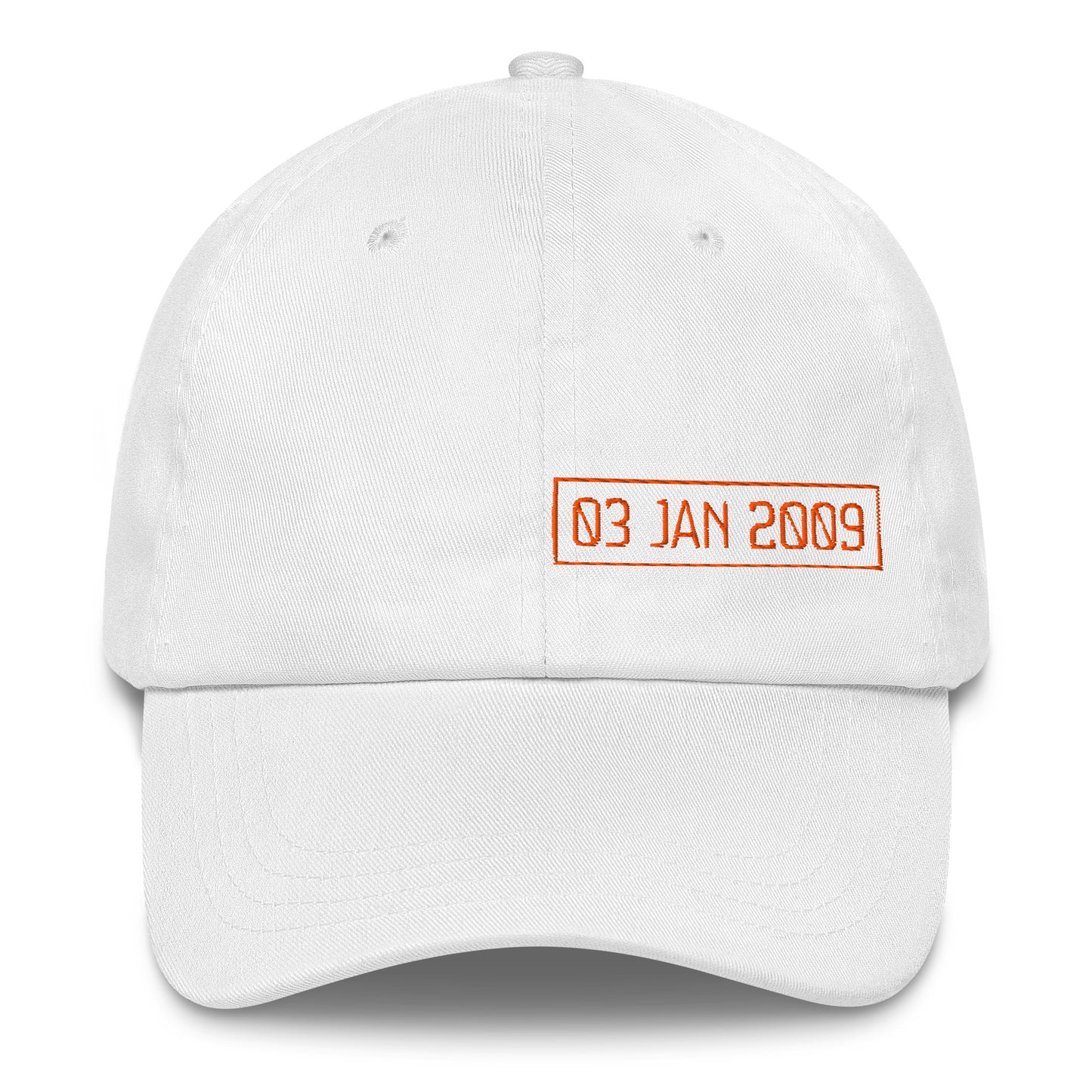 White cap with orange text '03 JAN 2009' on a white background