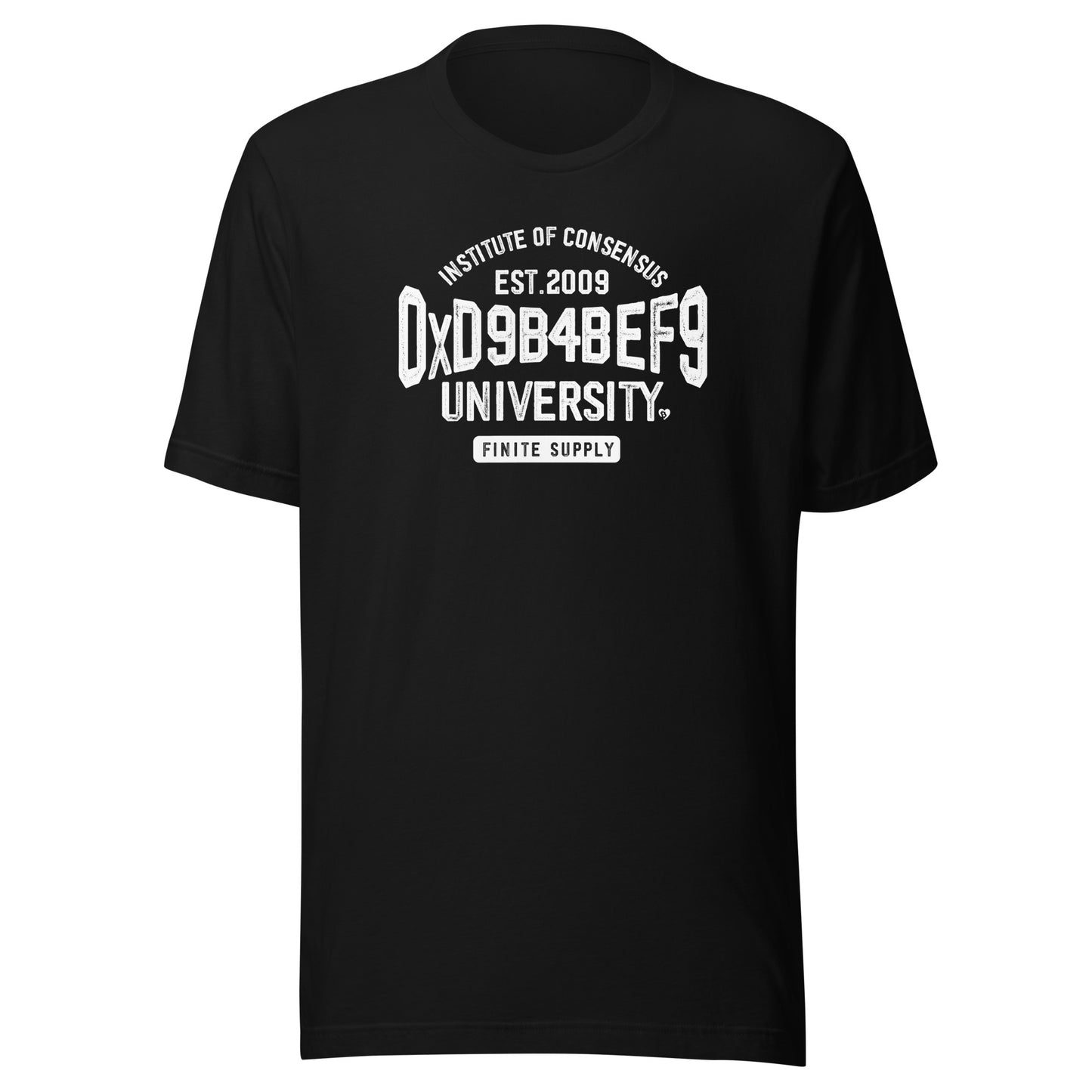 Black t-shirt with white oxd9b4bef9 text on a white background
