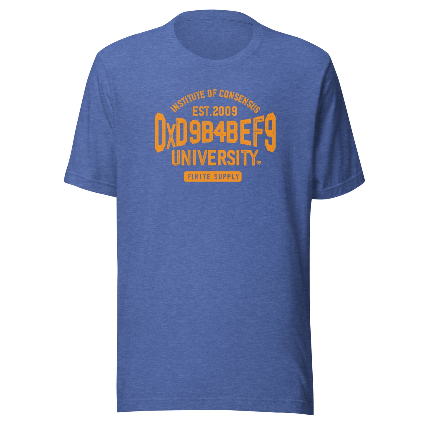 Blue t-shirt with orange oxd9b4bef9 text on a white background