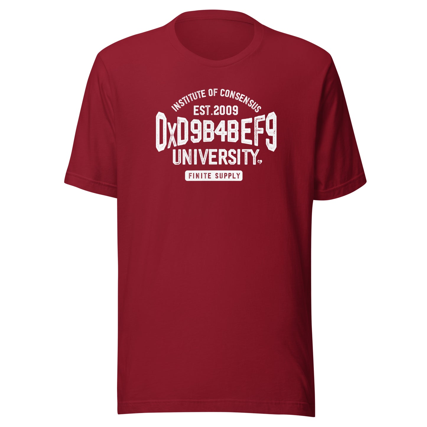 Red t-shirt with white oxd9b4bef9 text on a white background
