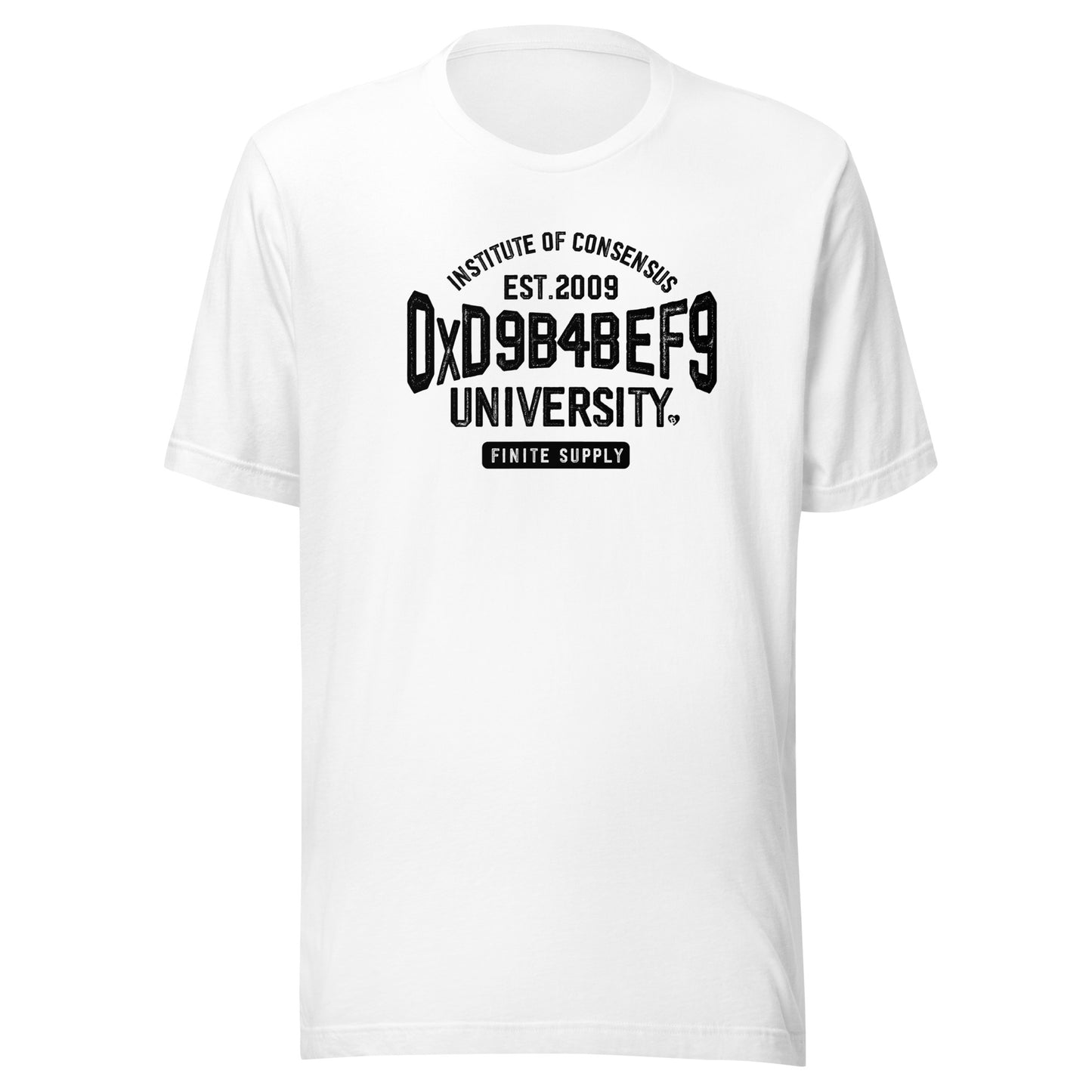 White t-shirt with black oxd9b4bef9 text on a white background