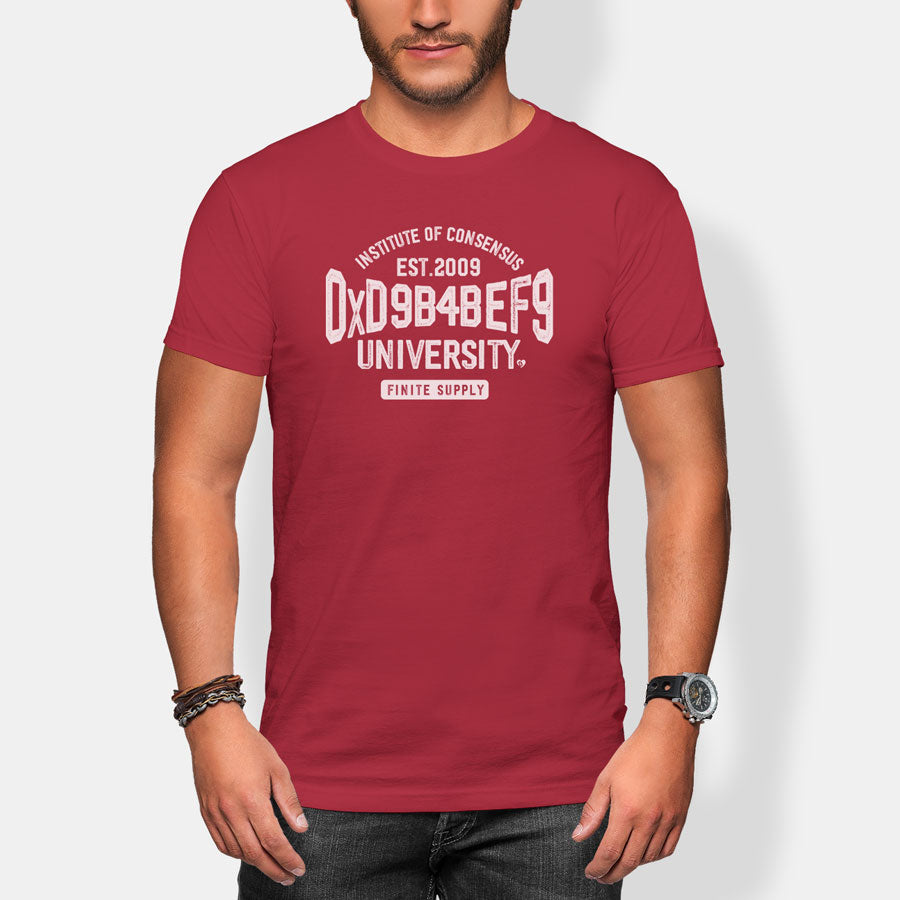 Red t-shirt with white oxd9b4bef9 text worn by a person on a white background