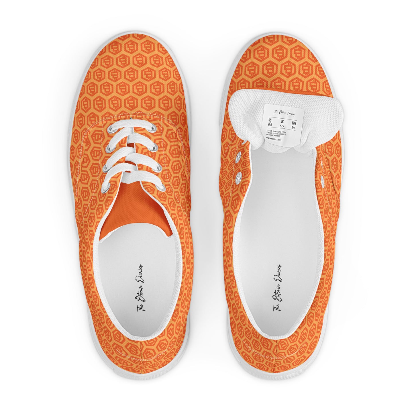 Orange patterned sneakers with white soles on a white background