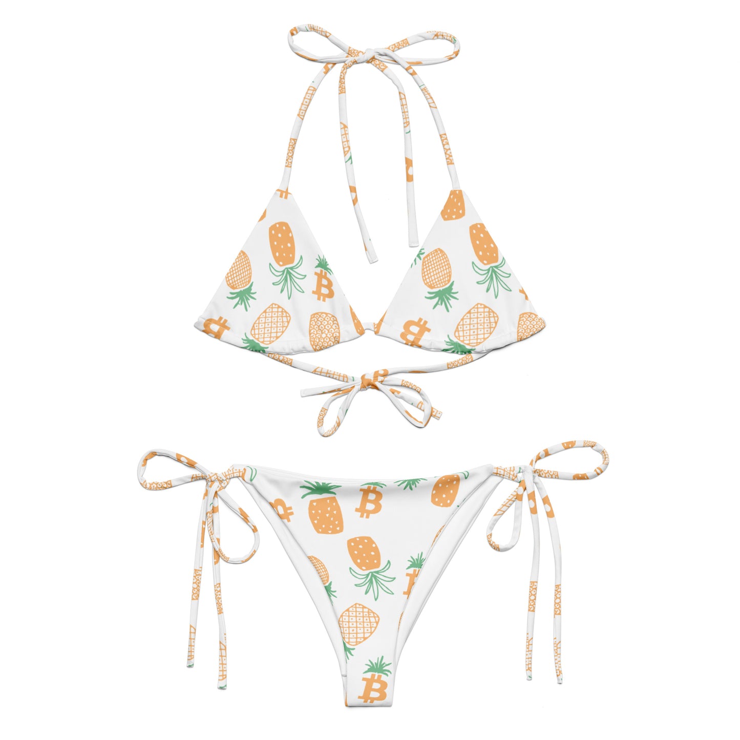 Two-piece bikini set with pineapple bitcoin pattern on a white background