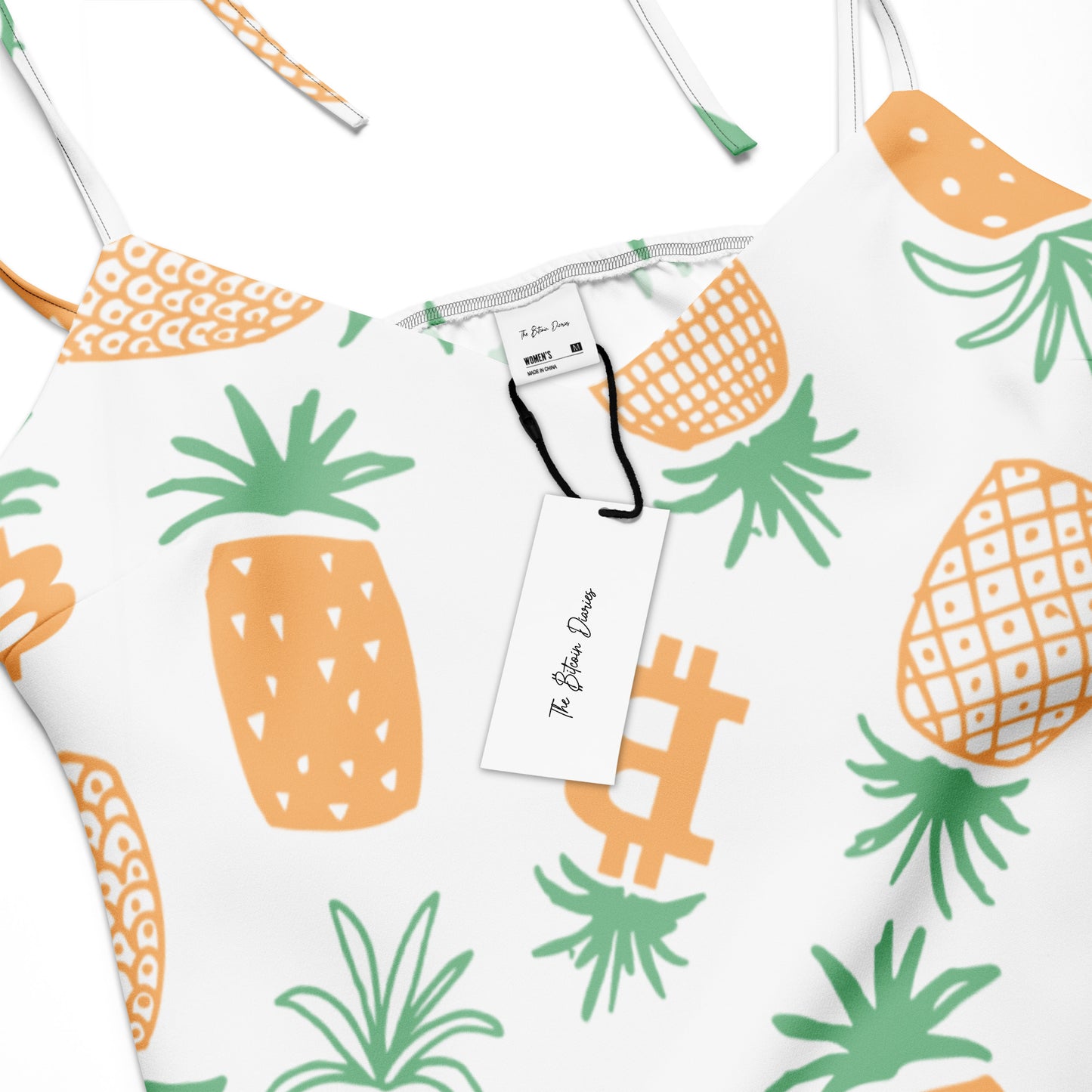 White tank top with pineapple bitcoin pattern on a white background