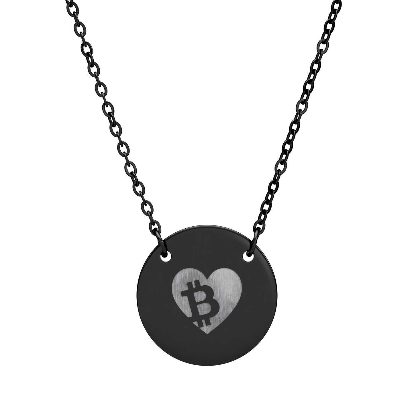 Necklace with a black pendant featuring a heart-shaped Bitcoin symbol on a white background