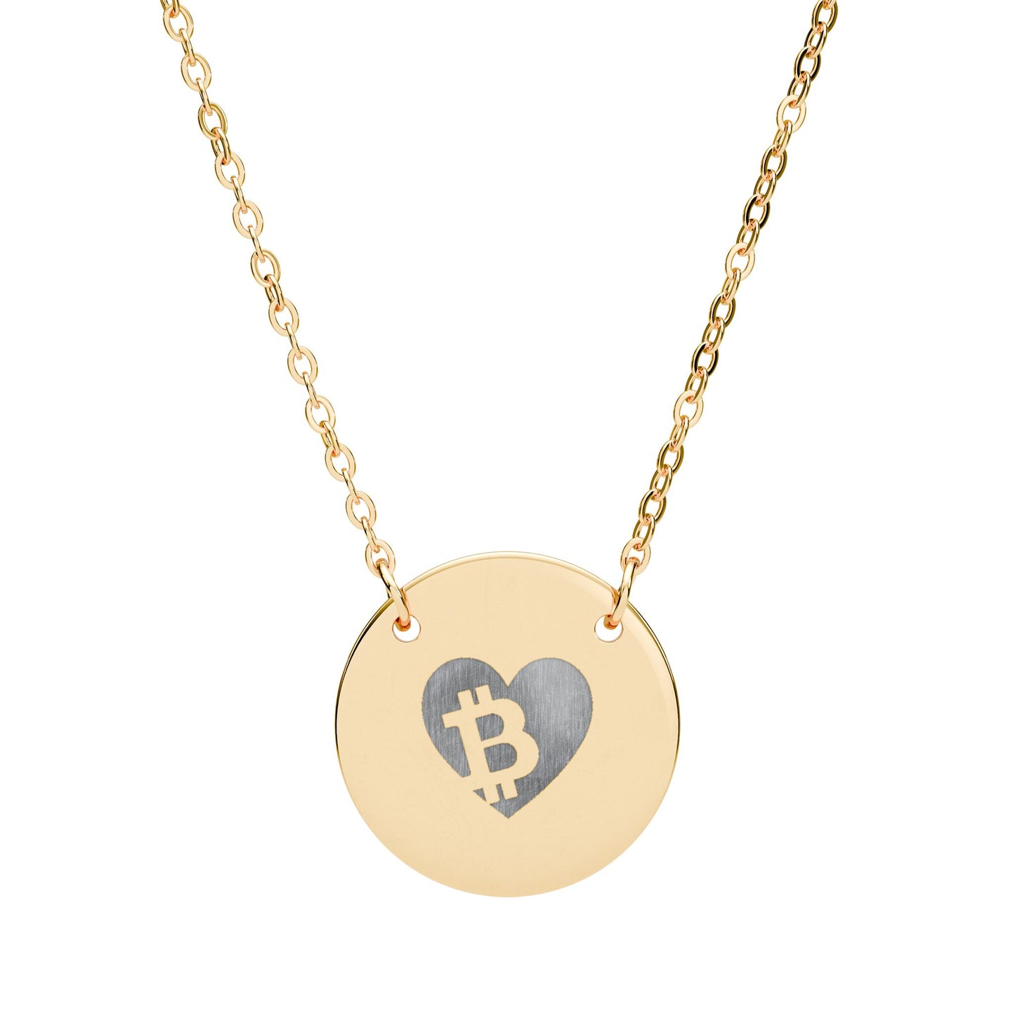Gold necklace with a round pendant featuring a heart and Bitcoin symbol on a white background