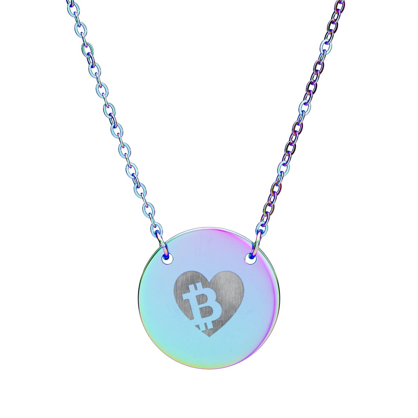 Necklace with a round, iridescent pendant featuring a heart-shaped Bitcoin symbol on a white background.