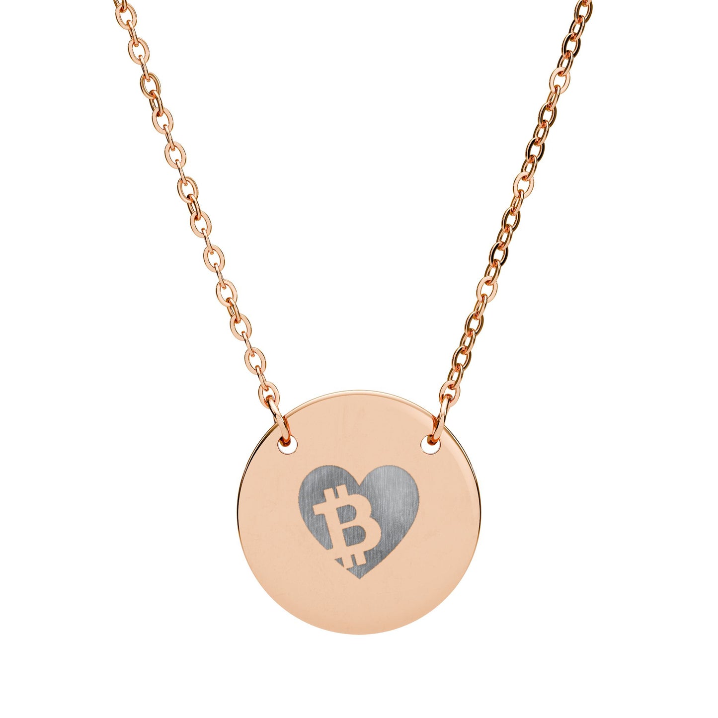 Rose gold necklace with a round pendant featuring a heart and Bitcoin symbol on a white background