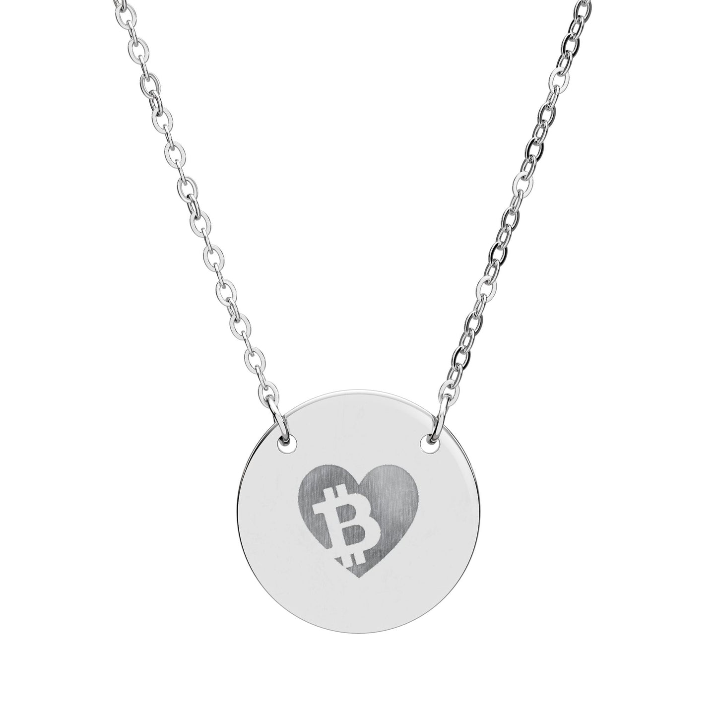 Silver necklace with a round pendant featuring a heart and Bitcoin symbol on a white background