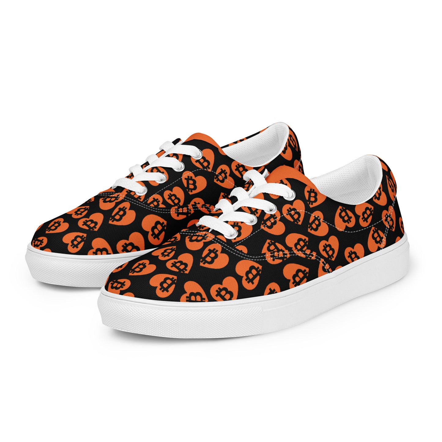 Black sneakers with orange and white bitcoin pattern on a white background