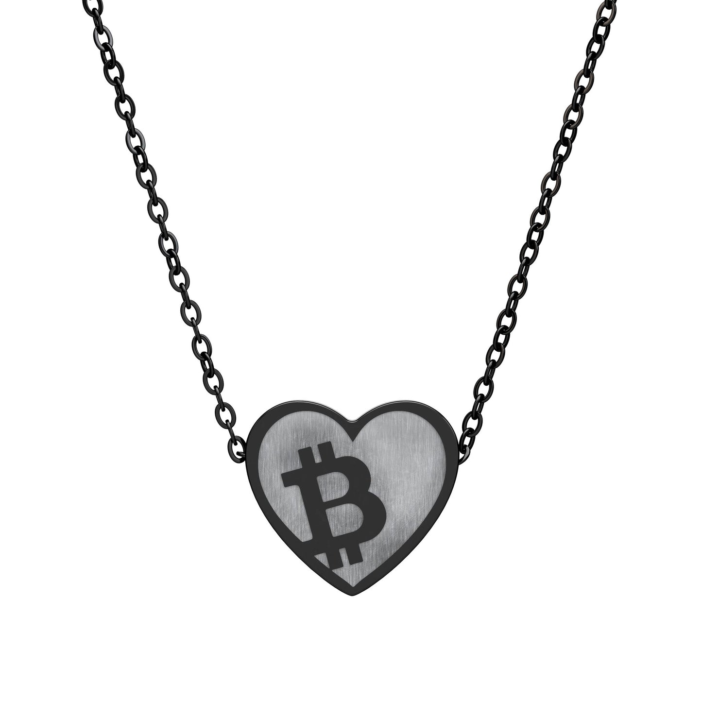 Heart-shaped pendant with Bitcoin symbol on a chain against a white background