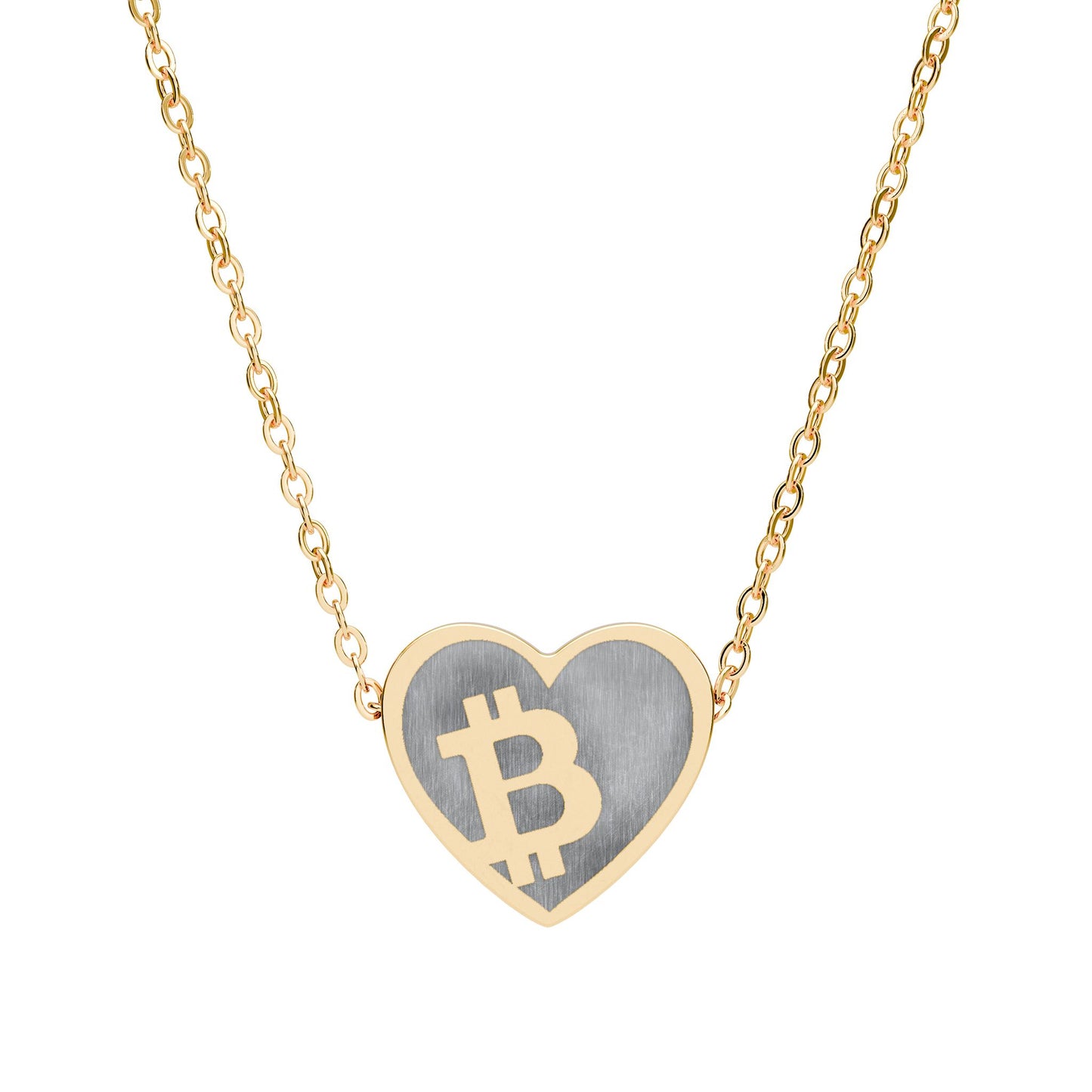 Heart-shaped necklace with Bitcoin symbol on a gold chain against a white background