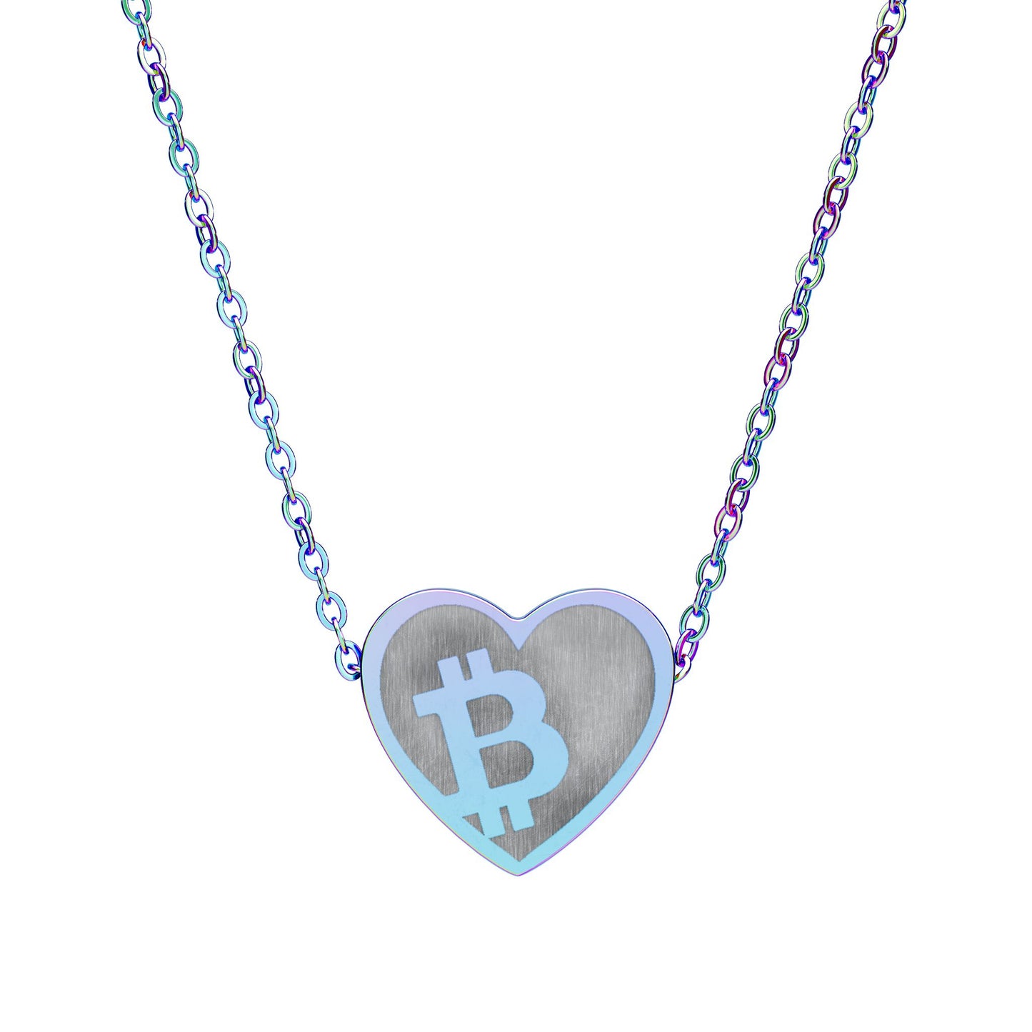 Necklace with a heart-shaped pendant featuring a Bitcoin symbol on a white background