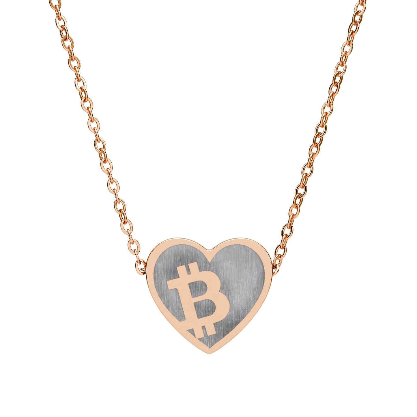Heart-shaped necklace with Bitcoin symbol in a heart on a white background