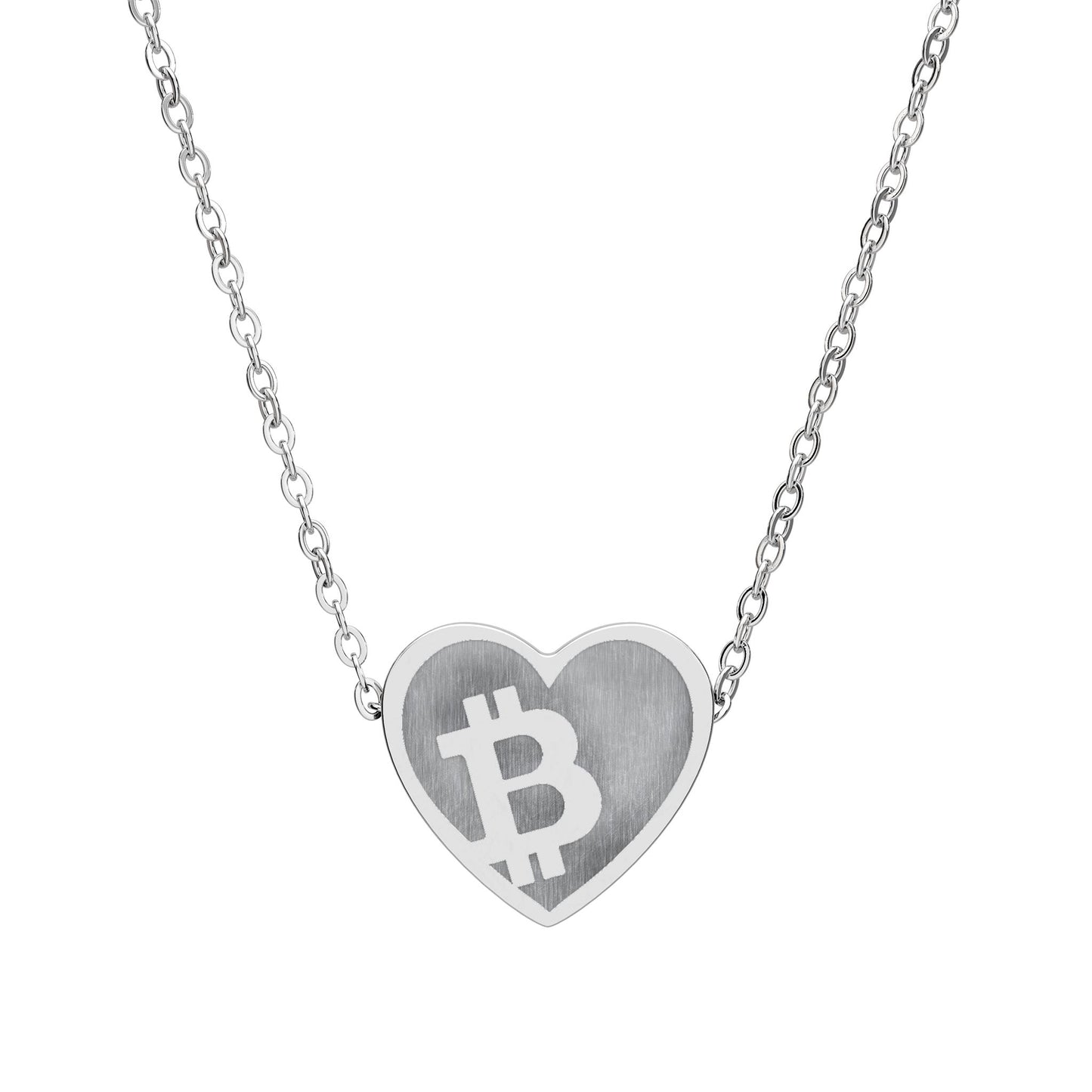 Heart-shaped pendant with Bitcoin symbol on a silver chain against a white background