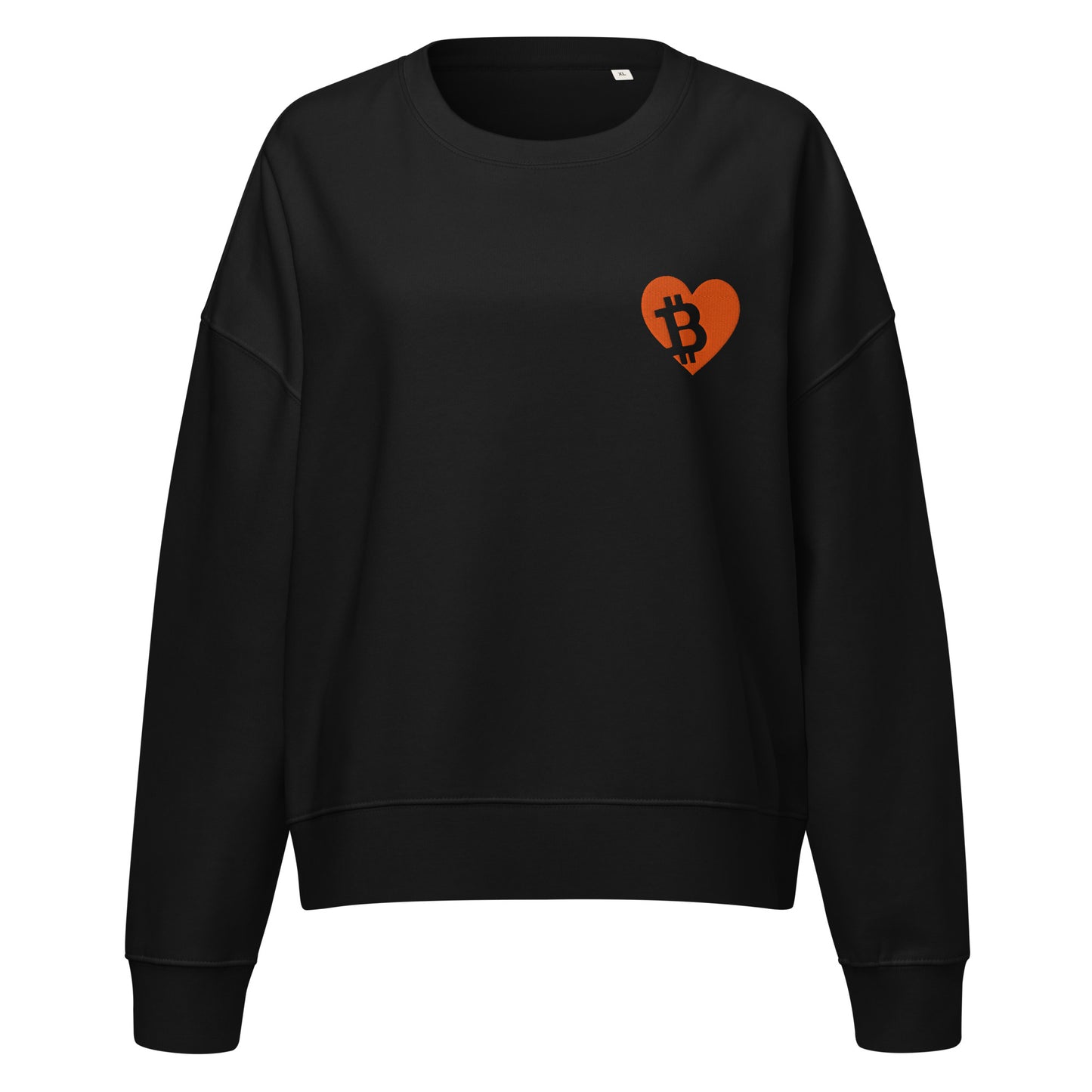 Black sweatshirt with a red heart and Bitcoin symbol on a white background