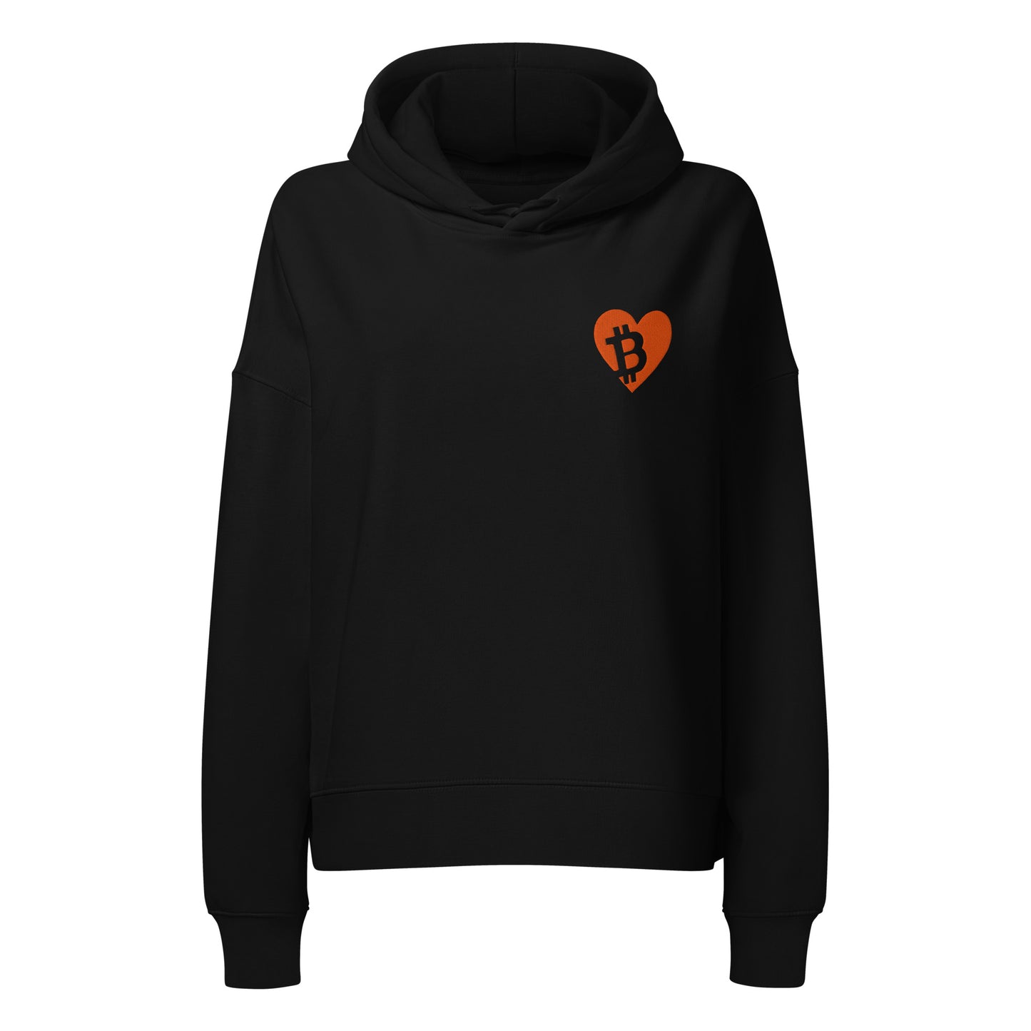 Black hoodie with a orange heart and Bitcoin symbol on a white background