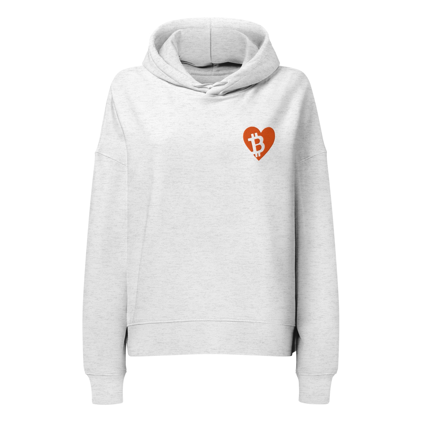 Gray hoodie with a orange heart-shaped Bitcoin logo on a white background