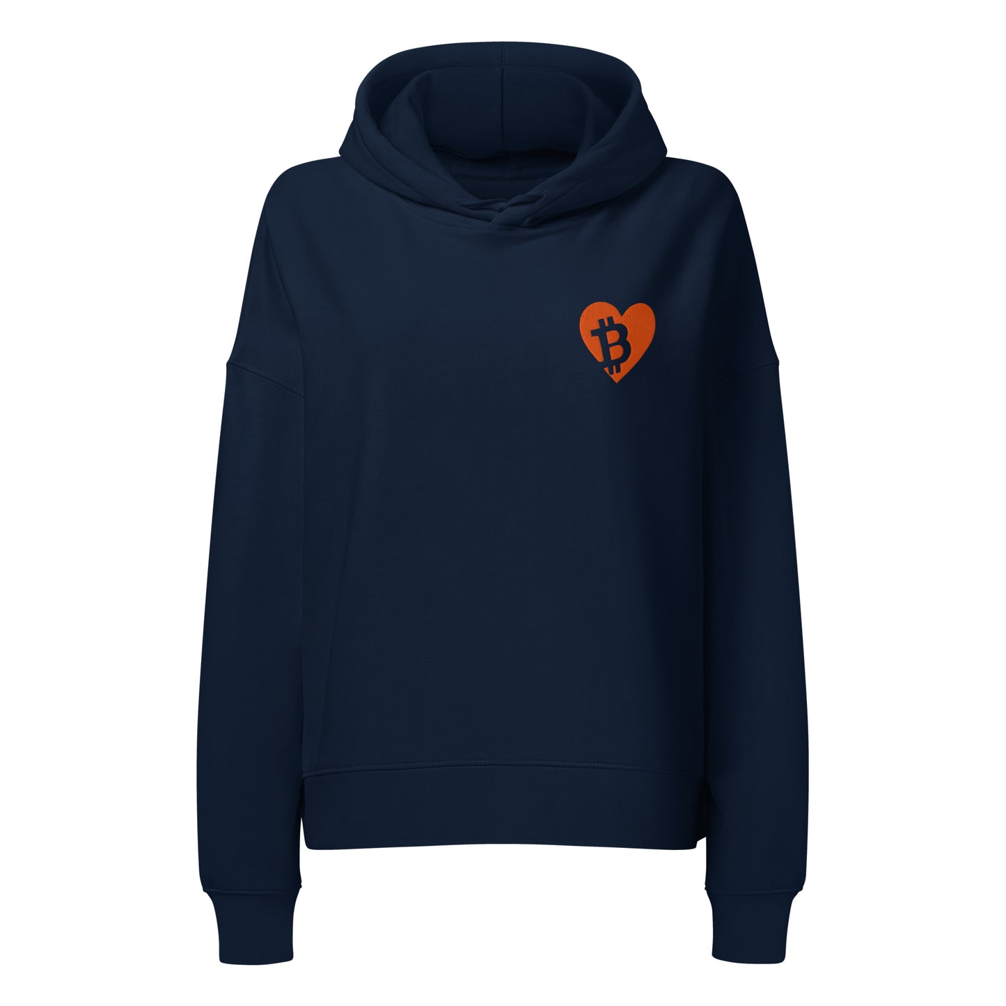 Navy blue hoodie with an orange heart-shaped Bitcoin symbol on a white background