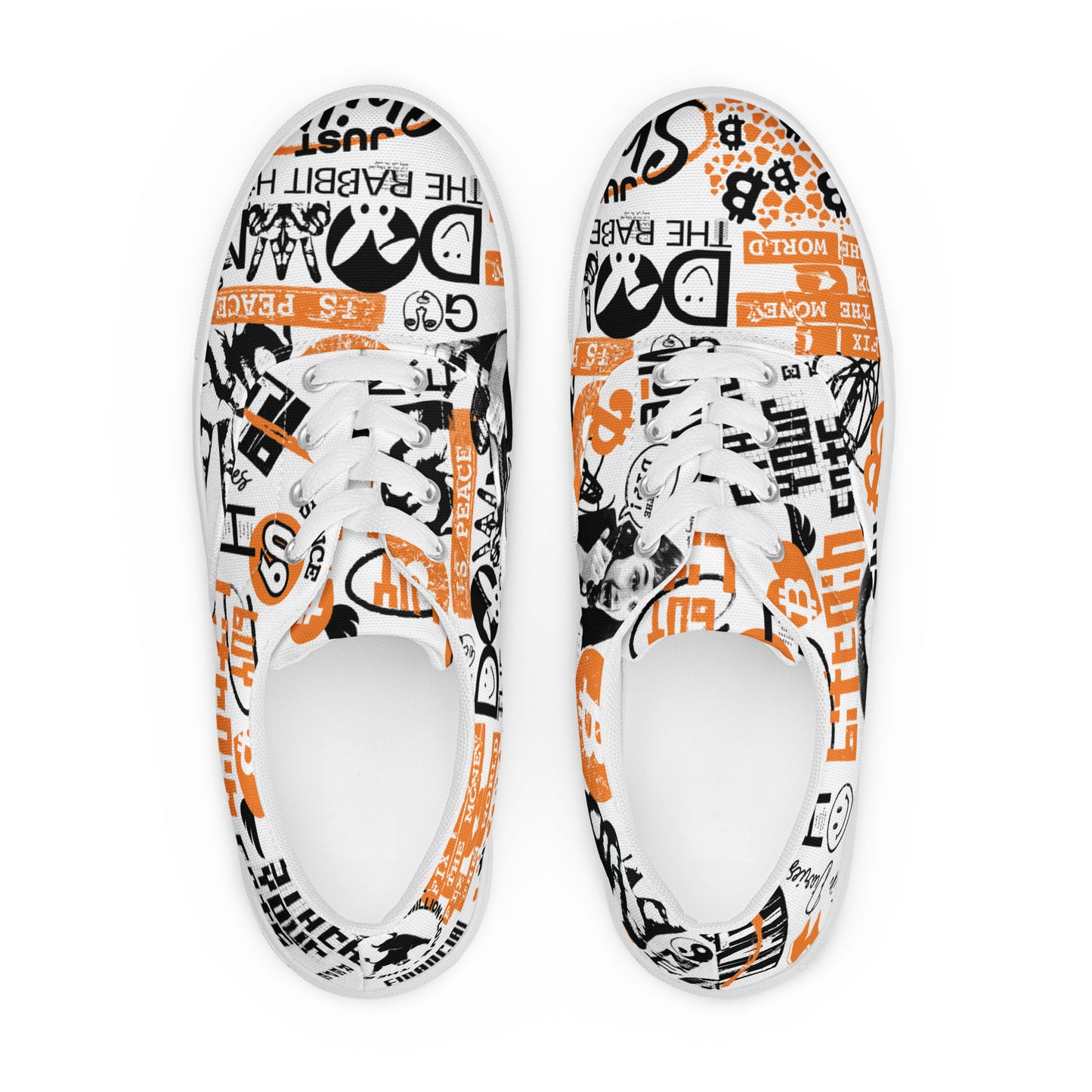 Pair of white bitcoin shoes with black and orange text and graphics on a white background