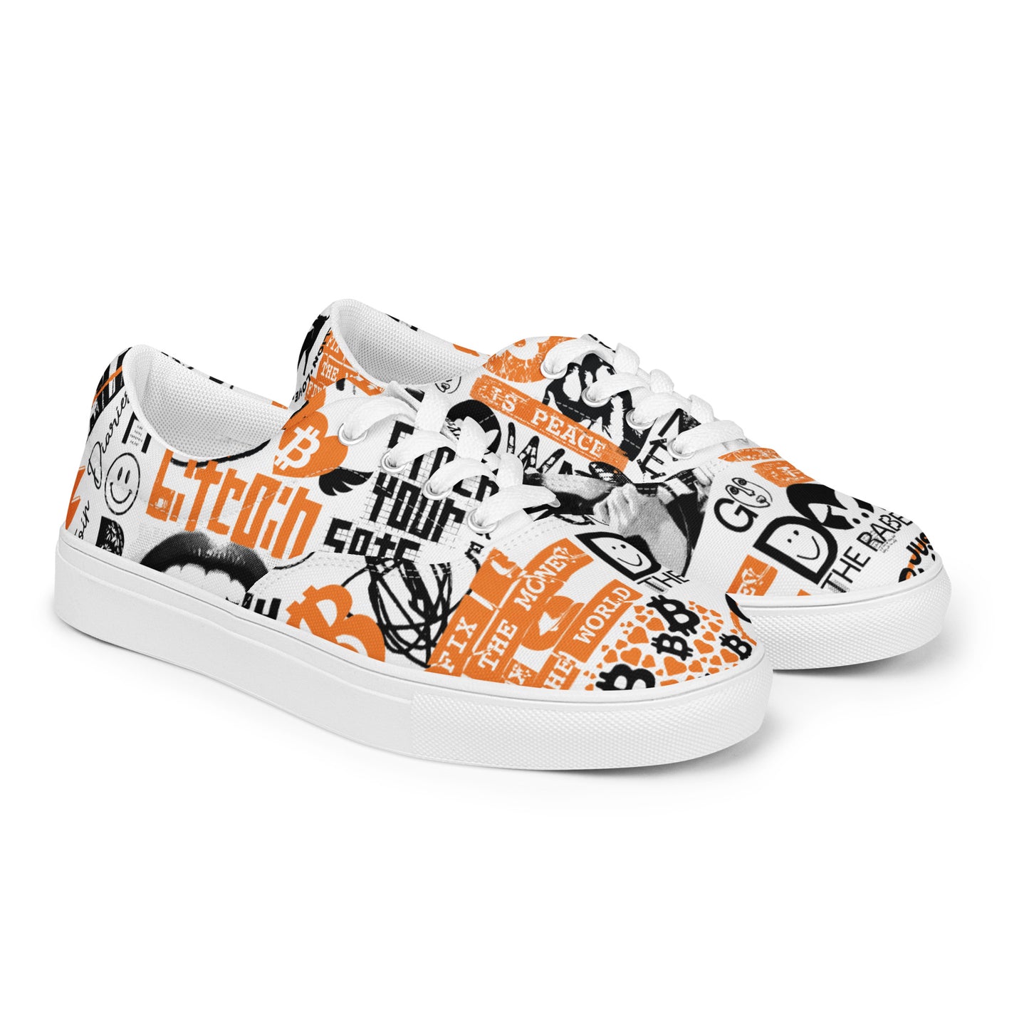 White bitcoin sneakers with black and orange graphic design on a white background