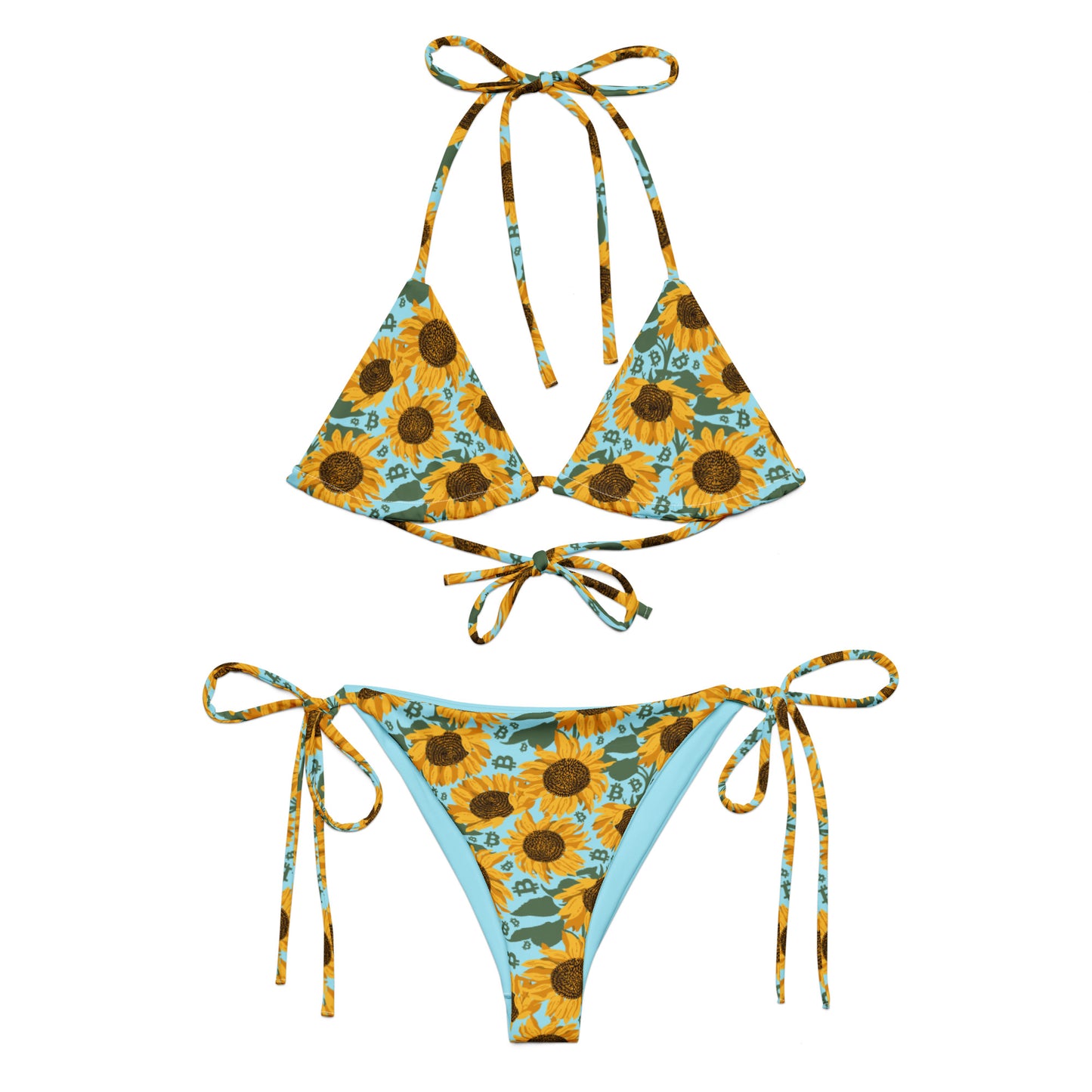 Sunflower-patterned bitcoin bikini set on a white background