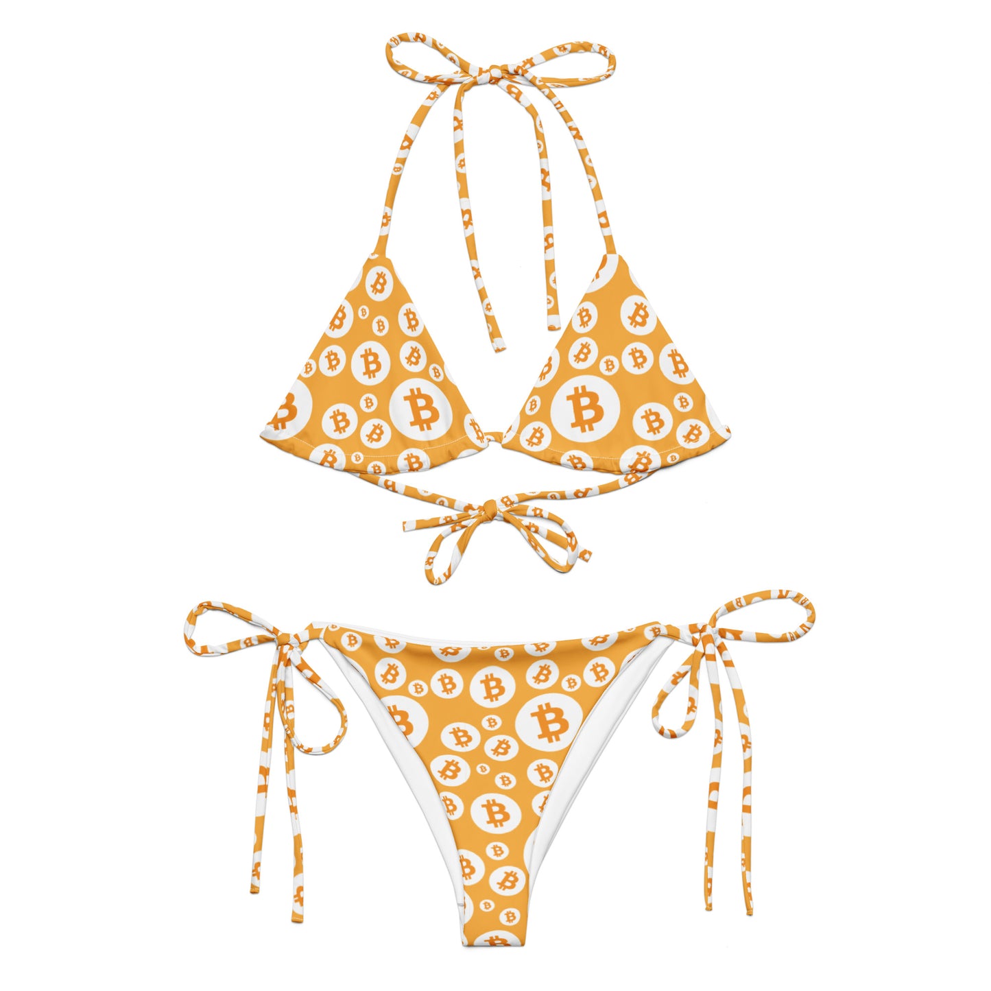 Bikini set with Bitcoin logo pattern on a white background