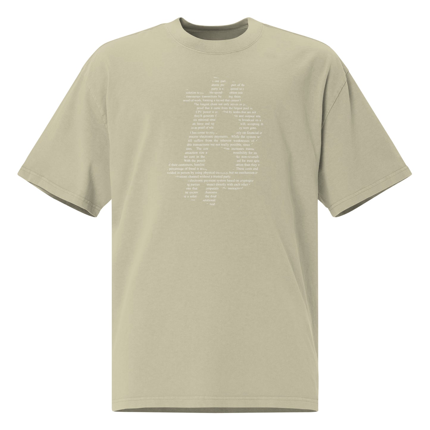 Beige t-shirt with bitcoin whitepaper text design on a white background