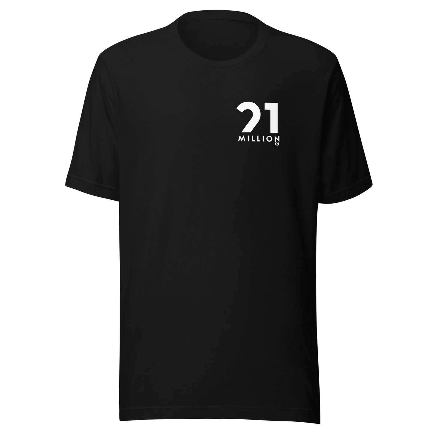 Black t-shirt with '21 Million' logo on a white background