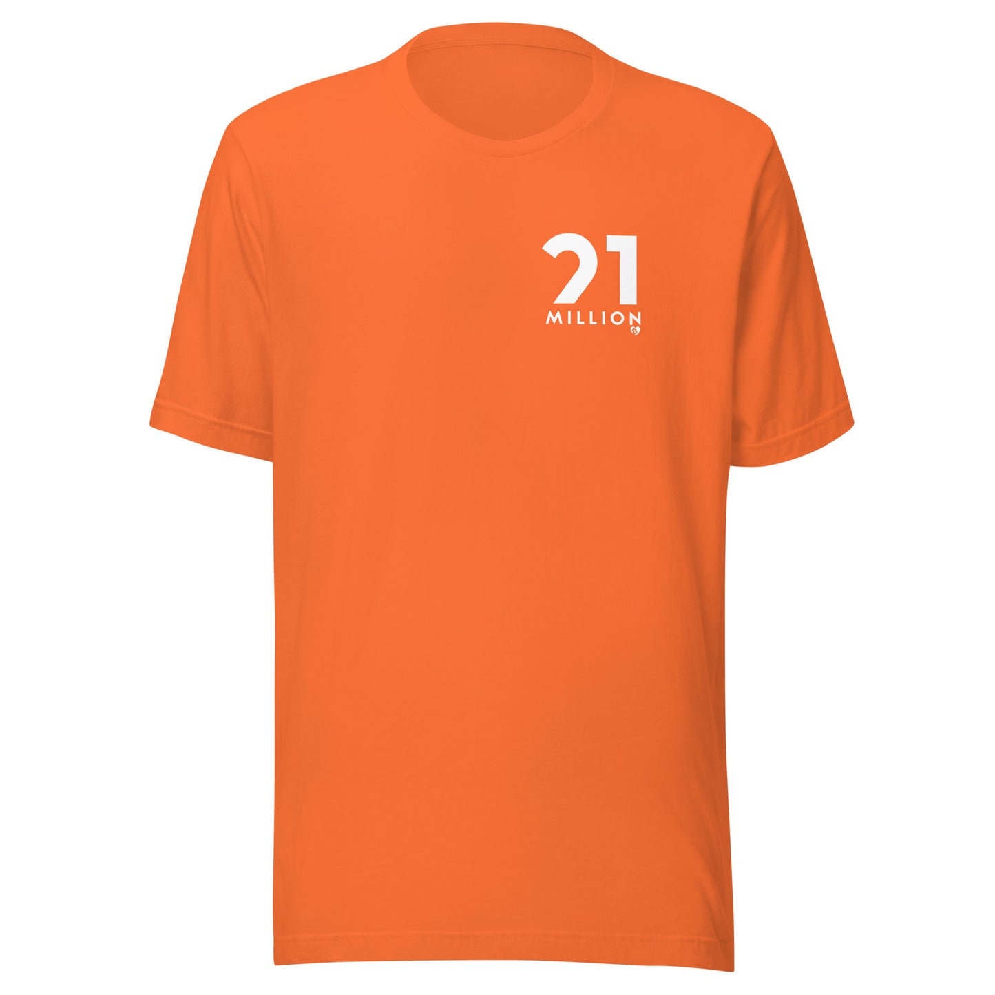 Orange t-shirt with a white 21 million logo on a white background