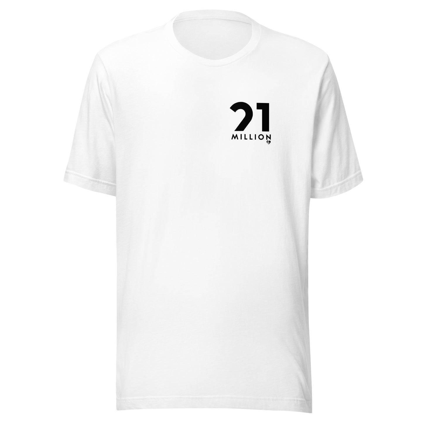 White t-shirt with '21 Million' logo on a white background