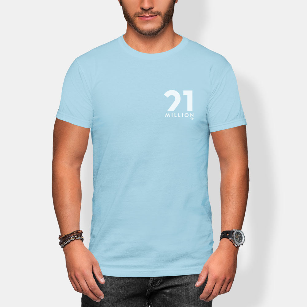 Person wearing a light blue t-shirt with '21 Million' logo on a plain background