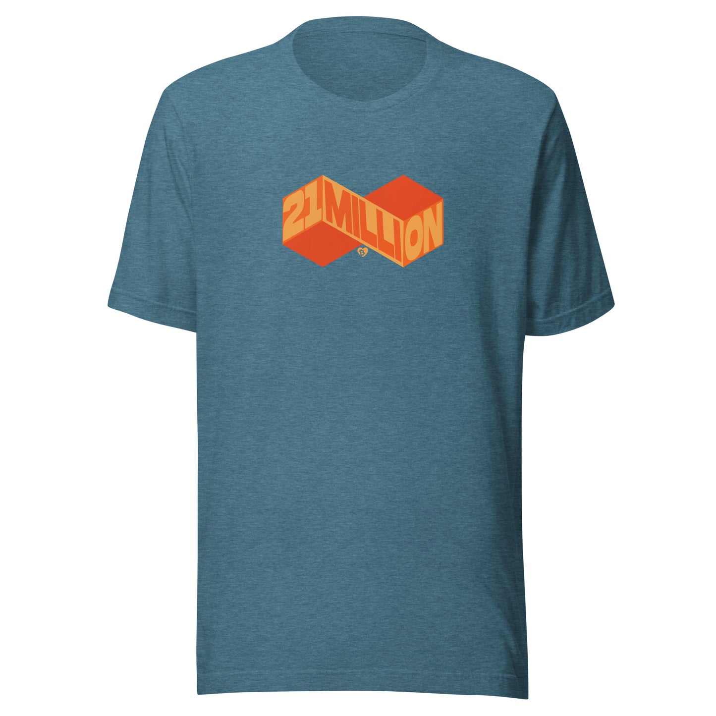 Blue t-shirt with orange and white 21 million infinity graphic design on a white background