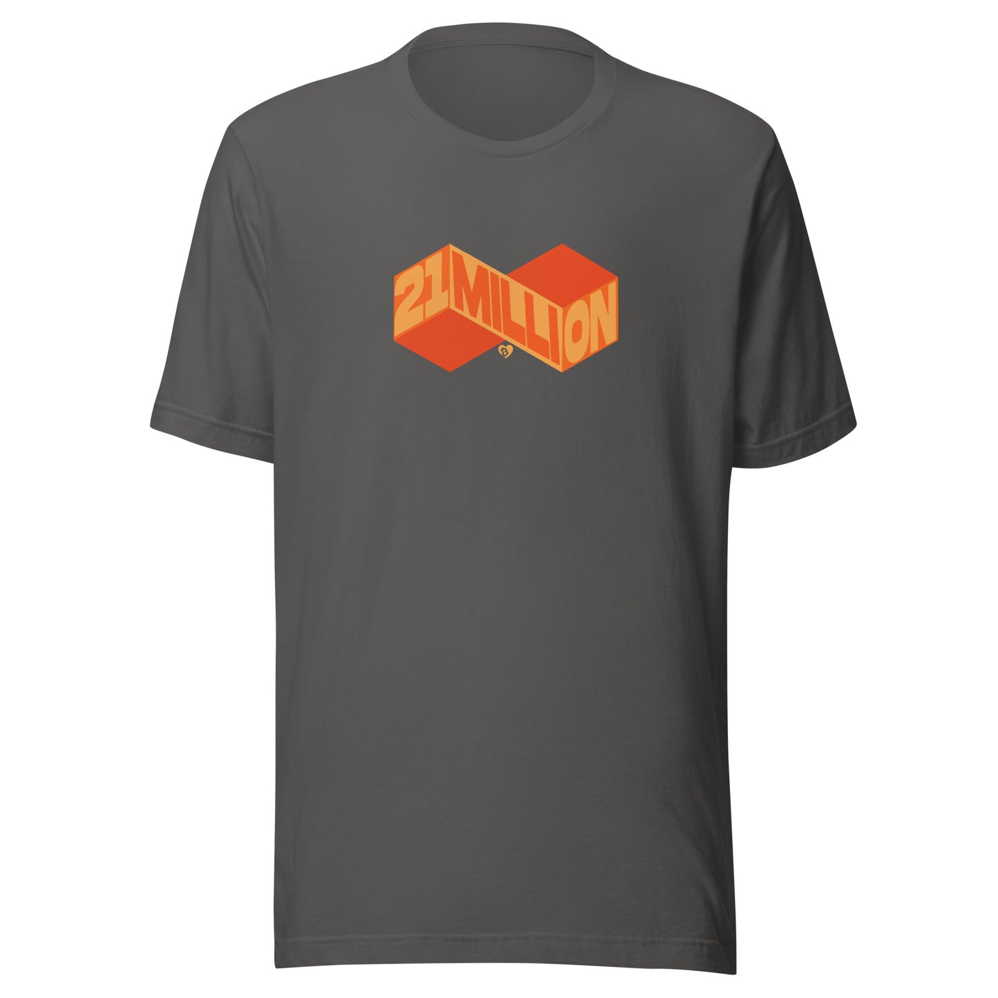 Gray t-shirt with orange and white 21 million infinity graphic design on a white background
