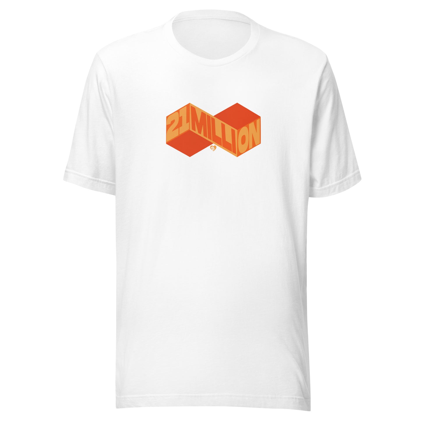 White t-shirt with an orange and red 21 million infinity logo on a white background