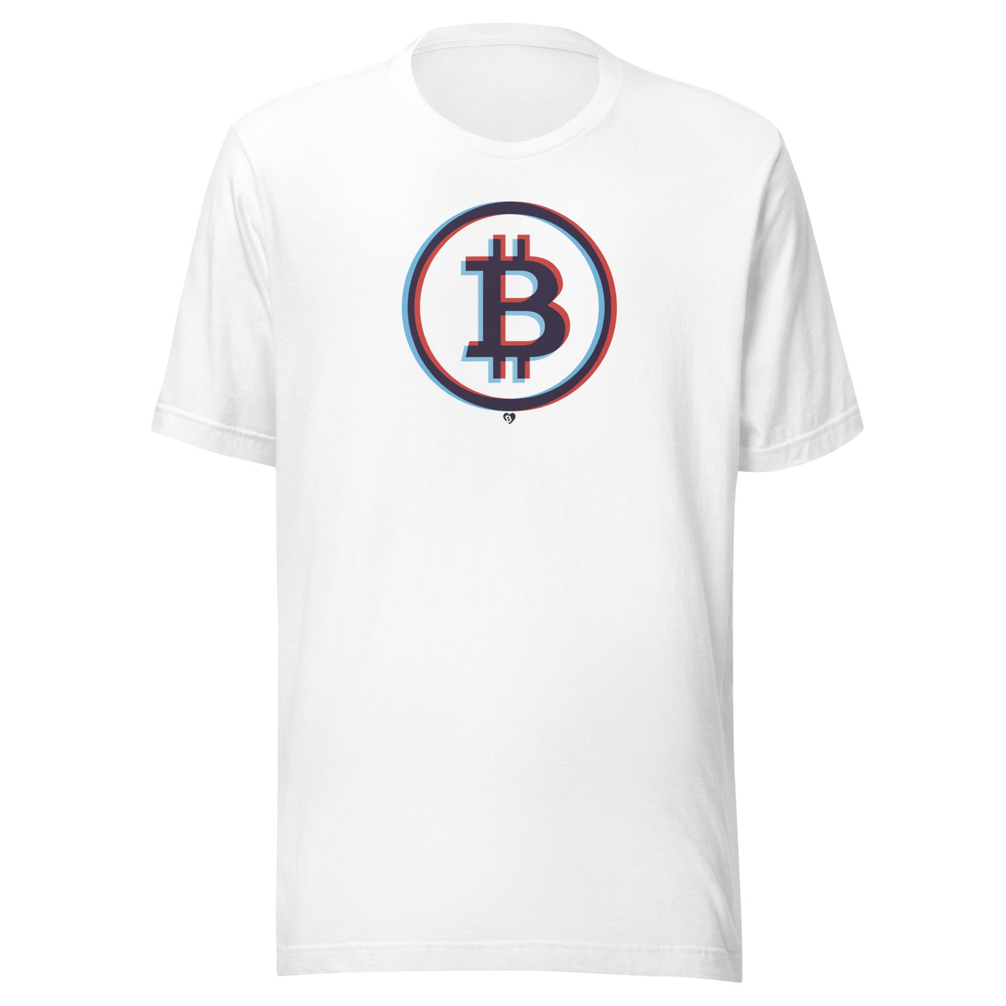 White t-shirt with 3d glasses Bitcoin logo on a white background