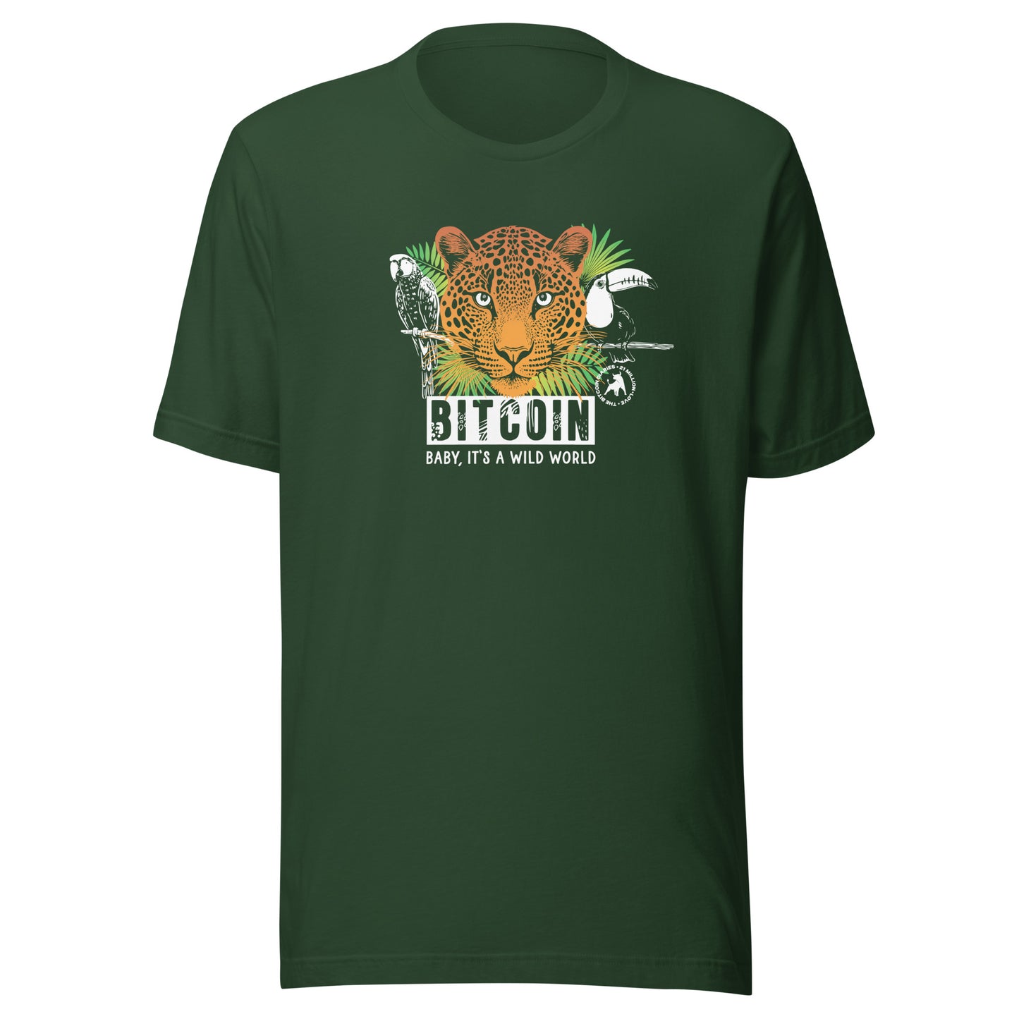 Green t-shirt with a leopard graphic and 'Bitcoin Baby, It's a Wild World' text on a white background