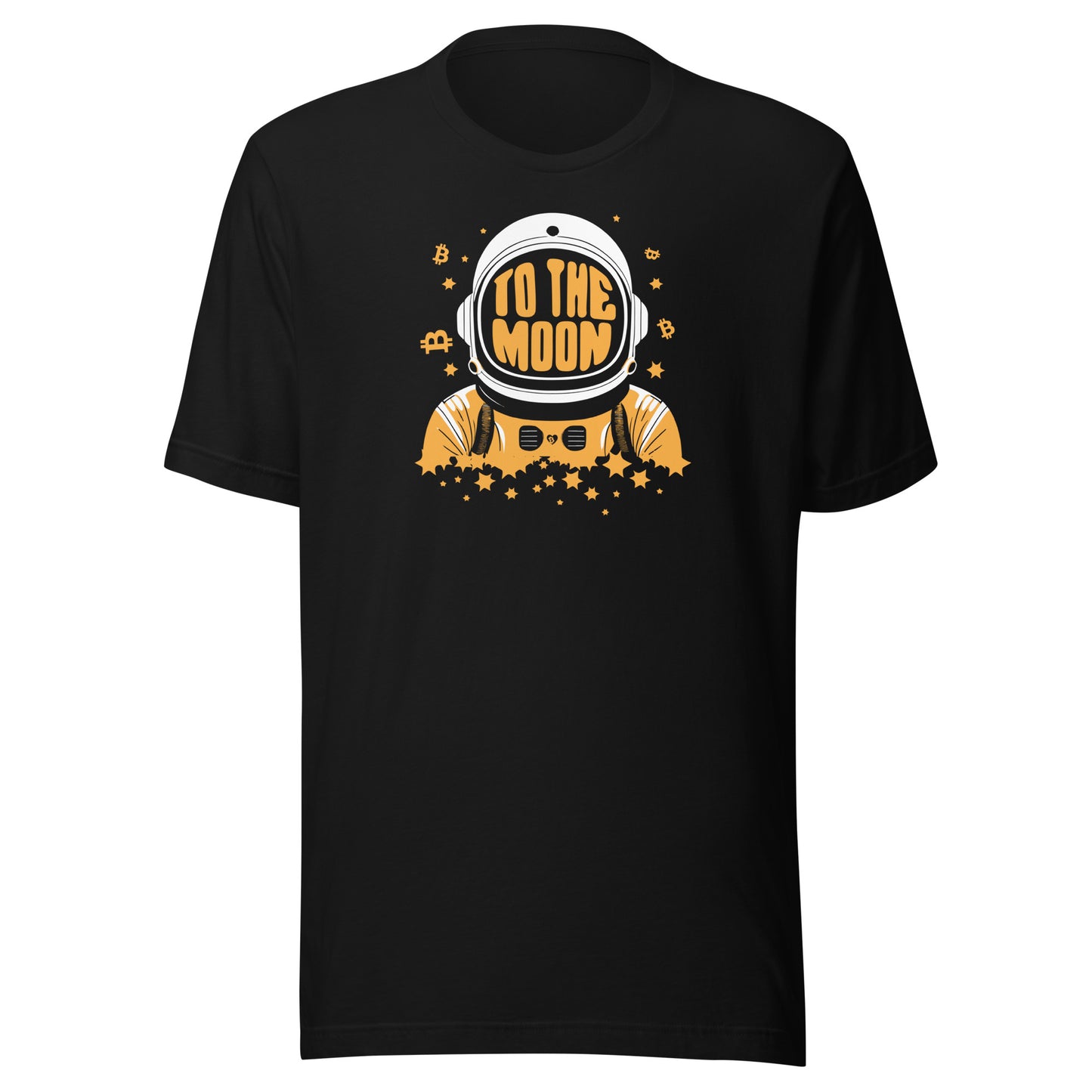 Black t-shirt with an astronaut bitcoin graphic and 'To the Moon' text on a white background