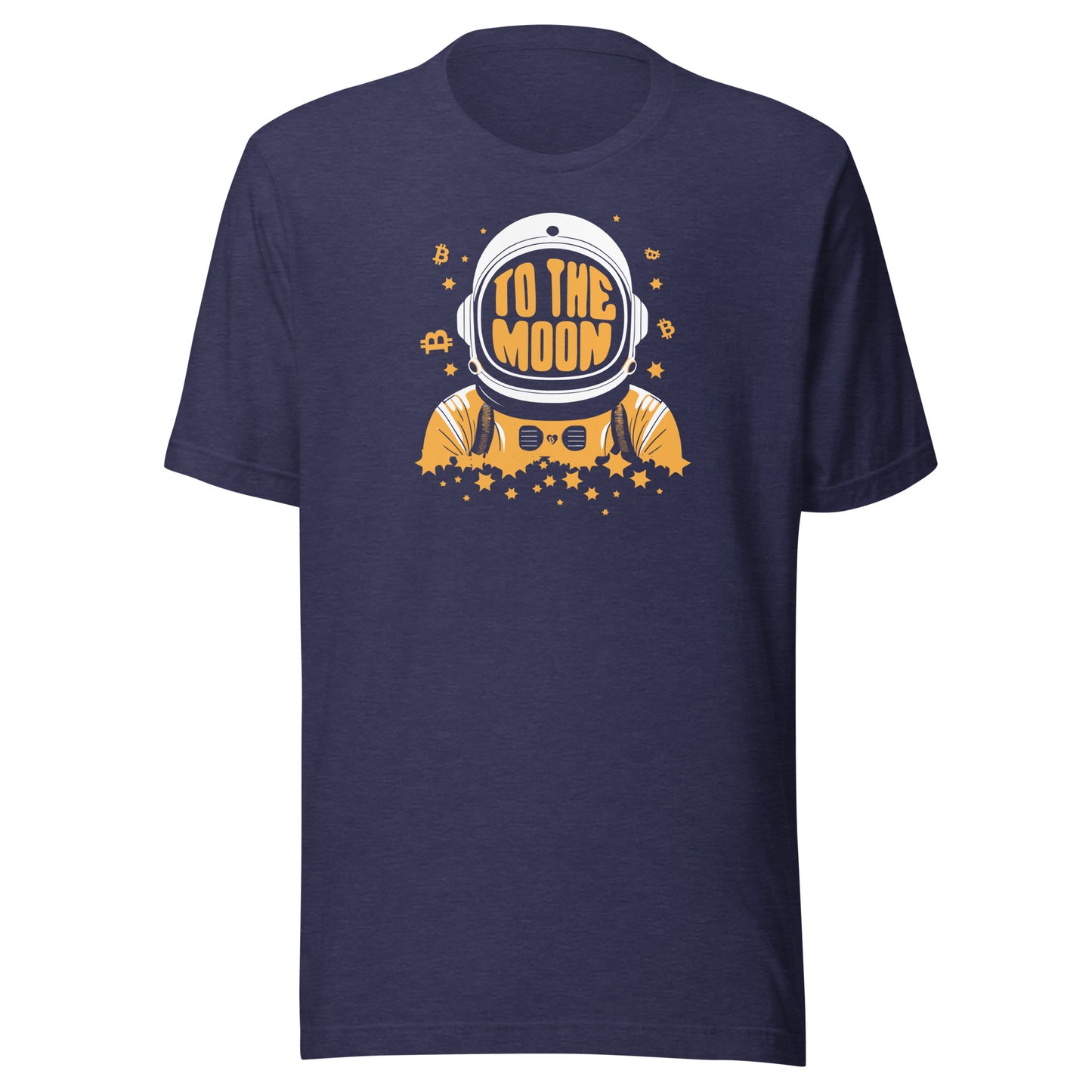 Navy blue t-shirt with an astronaut bitcoin graphic and 'To the Moon' text on a white background