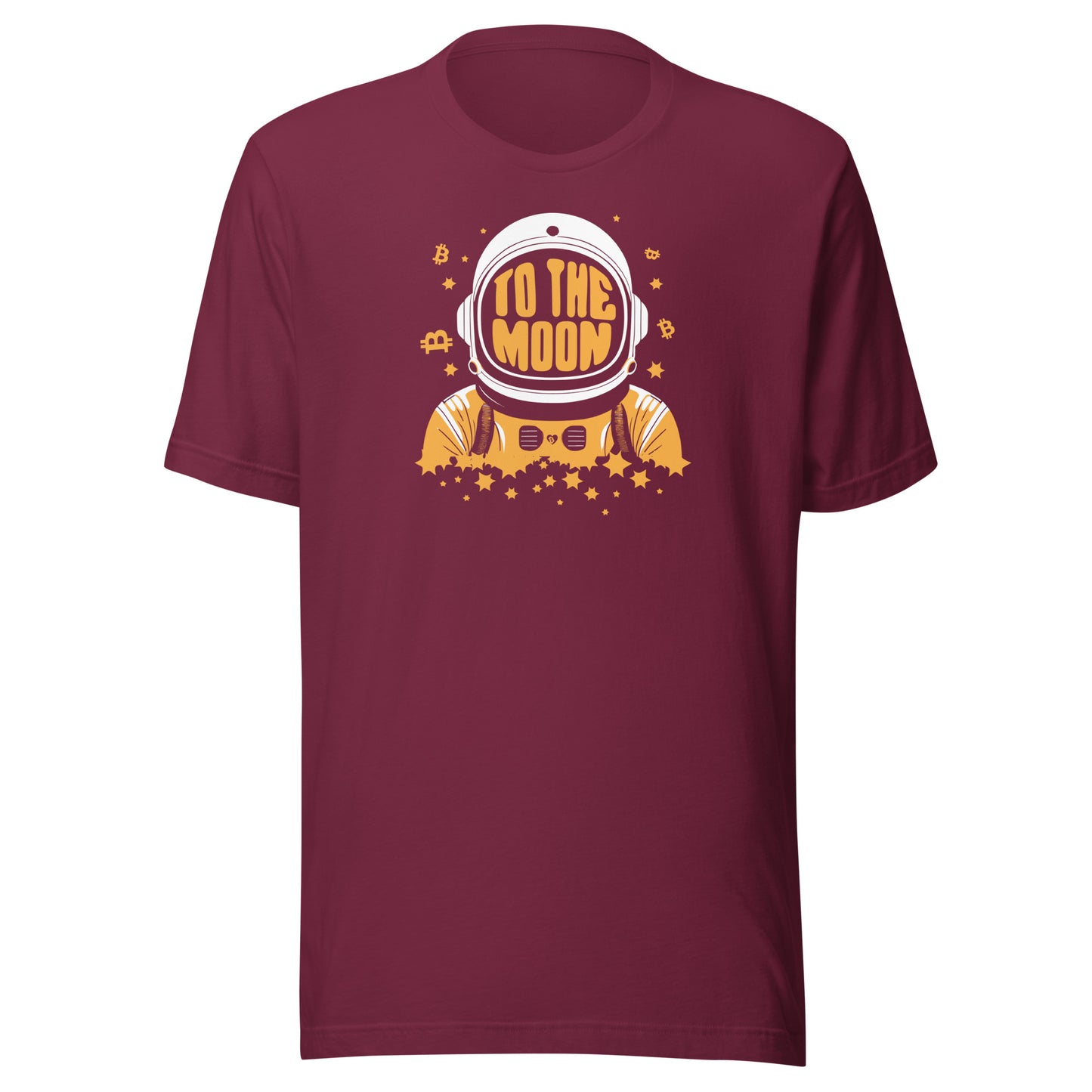 Maroon t-shirt with an astronaut bitcoin graphic and 'To the Moon' text on a white background
