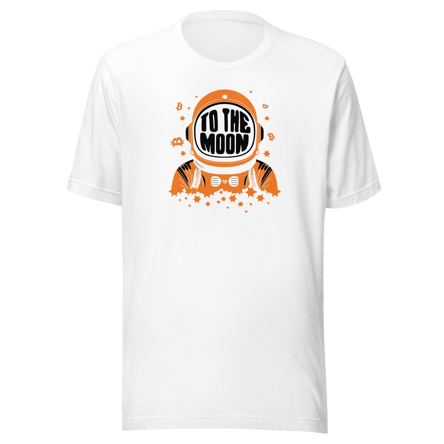 White t-shirt with 'To The Moon' bitcoin astronaut graphic design on a white background