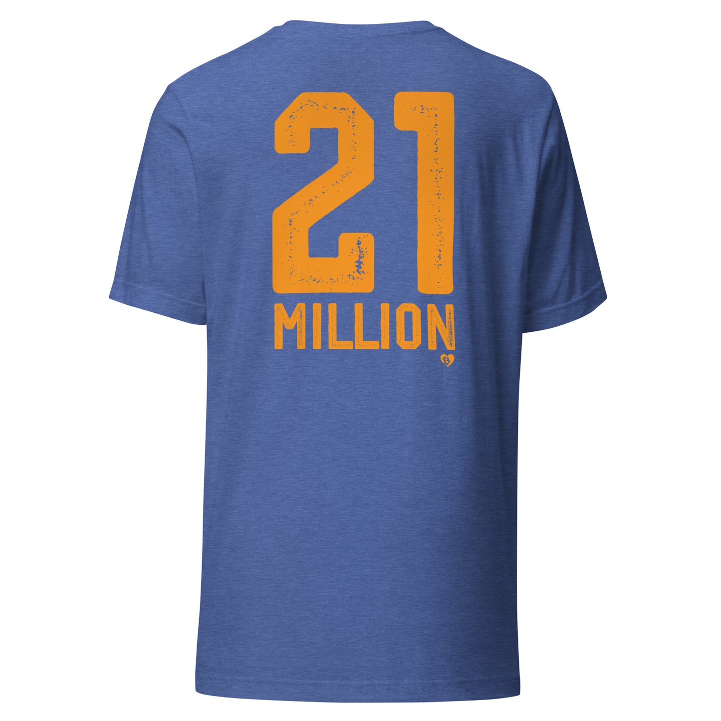Blue t-shirt with orange text '21 MILLION' on a white background