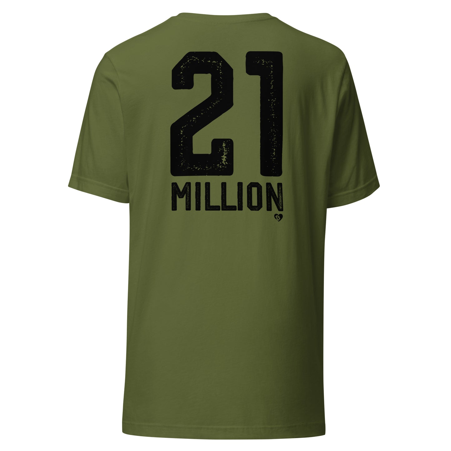 Green t-shirt with '21 Million' printed on the back against a white background