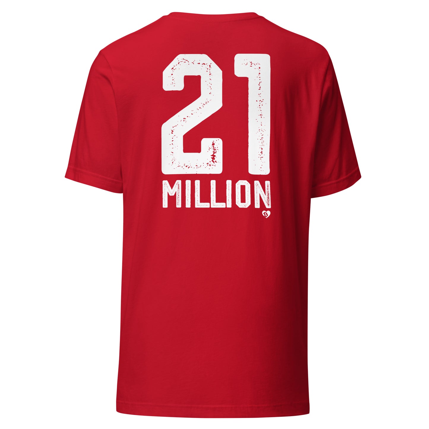 Red t-shirt with '21 MILLION' printed on the back against a white background