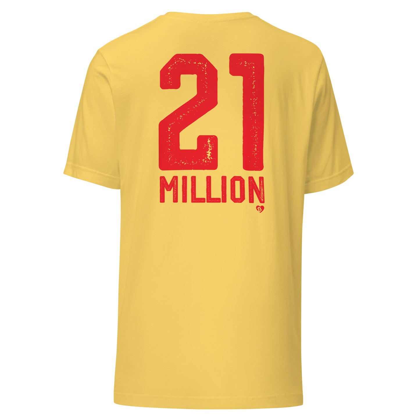 Yellow t-shirt with red text '21 MILLION' on a white background